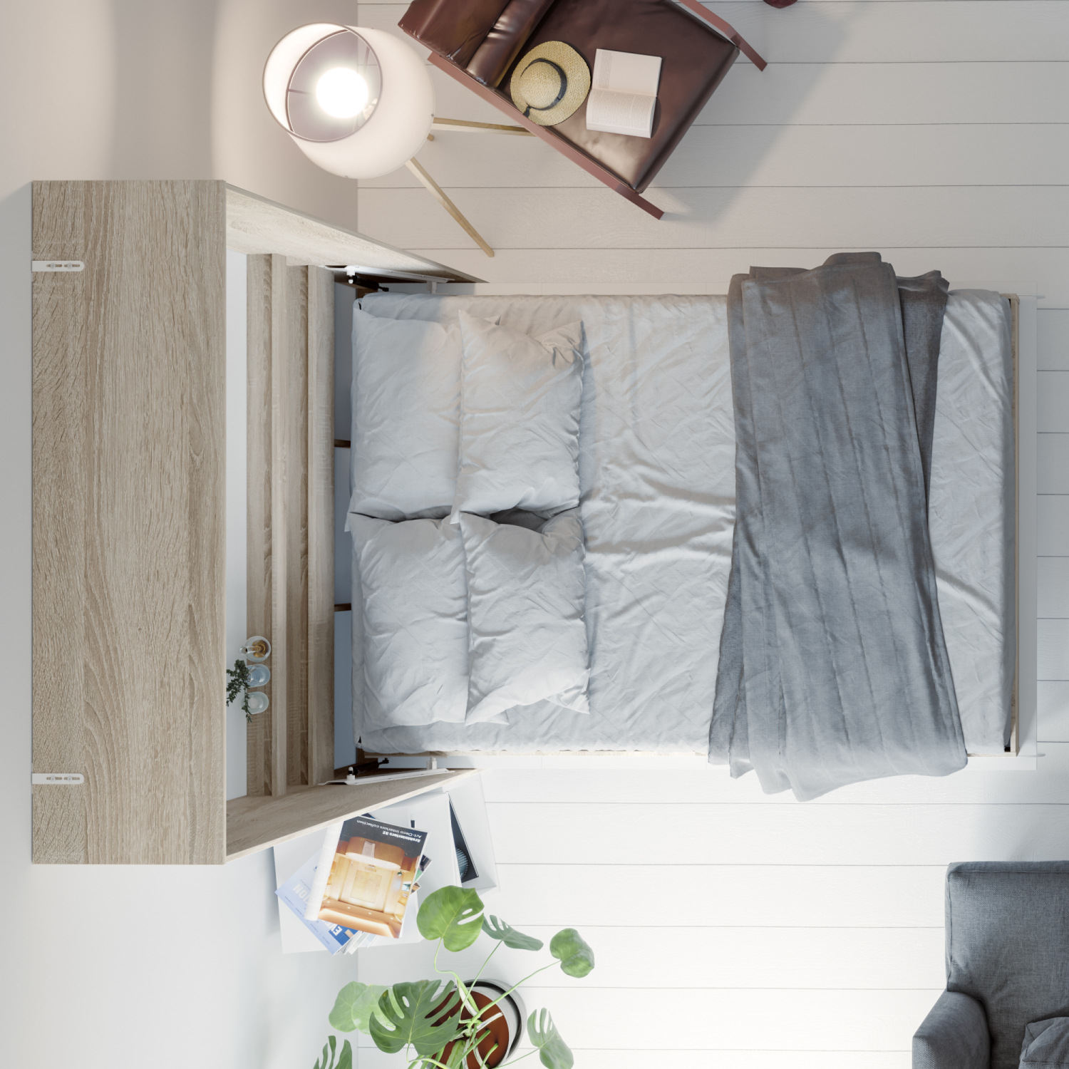 Nordic Skabsseng Høj Model 140x200 Farve Skab: Sonoma Front: Hvid Højglans