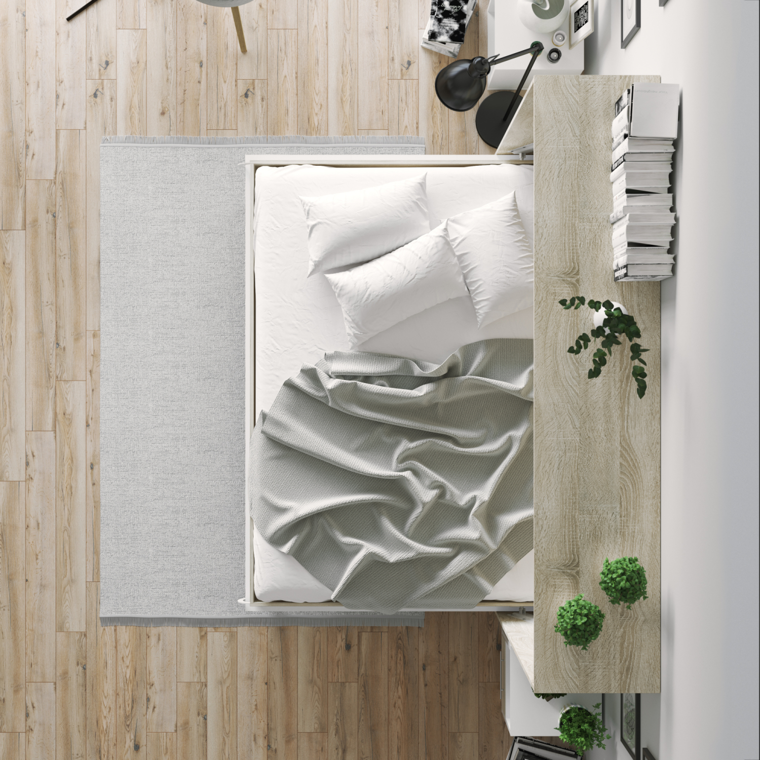 NORDIC skabsseng, lav model 140x200cm – farve Skab: Eg Sonoma, Front: Hvid Højglans