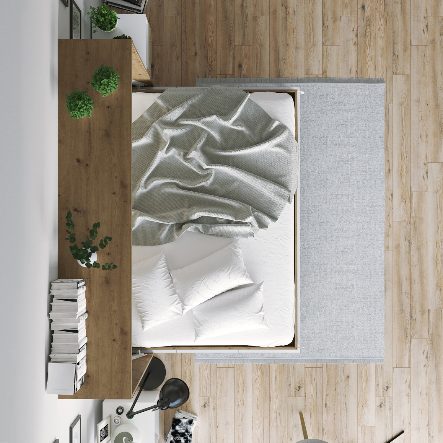 NORDIC skabsseng, lav model 140x200cm – farve Skab: Vild Eg, Front: Antracit