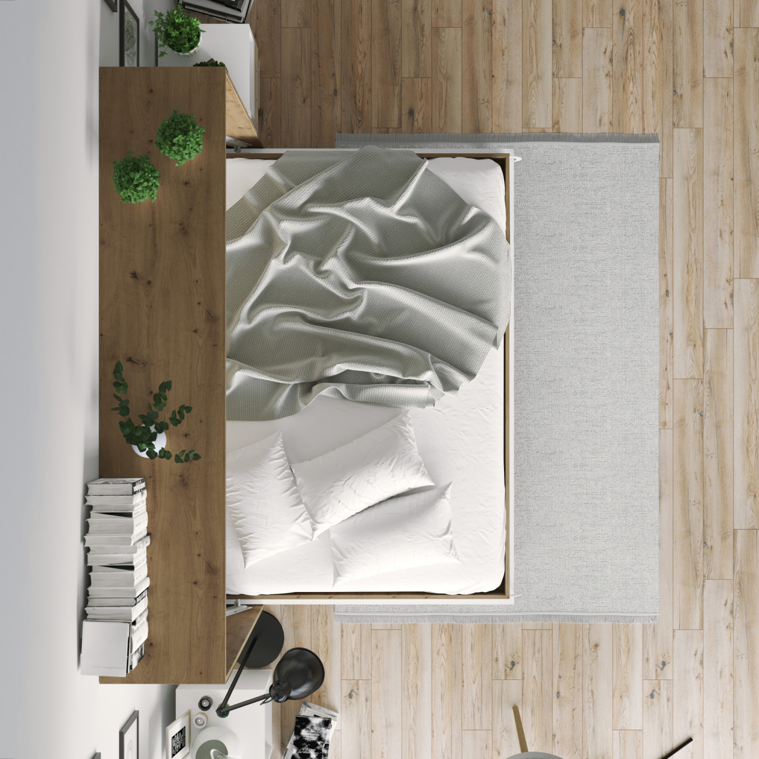 NORDIC skabsseng, lav model 140x200cm – farve Skab: Vild Eg, Front: Hvid højglans