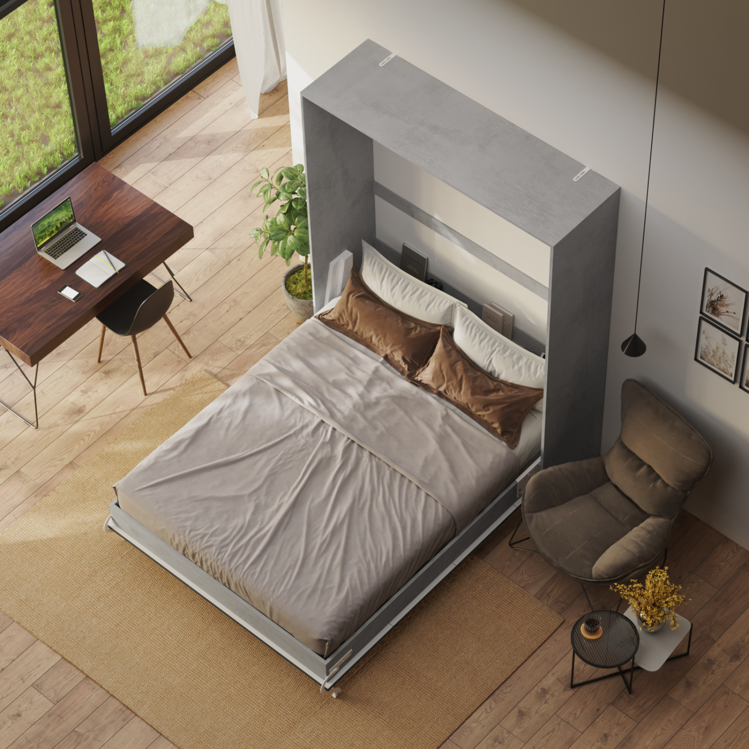 Nordic Skabsseng Høj Model 160x200 Farve Skab: Beton Front: Antracit