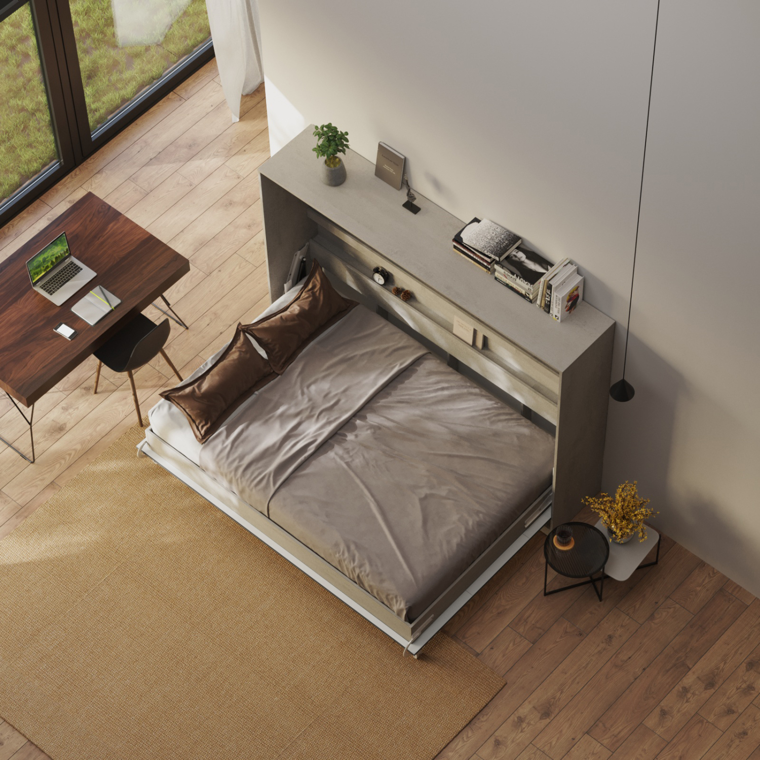NORDIC skabsseng, lav model 140x200cm – farve Skab: Beton, Front: Antracit højglans