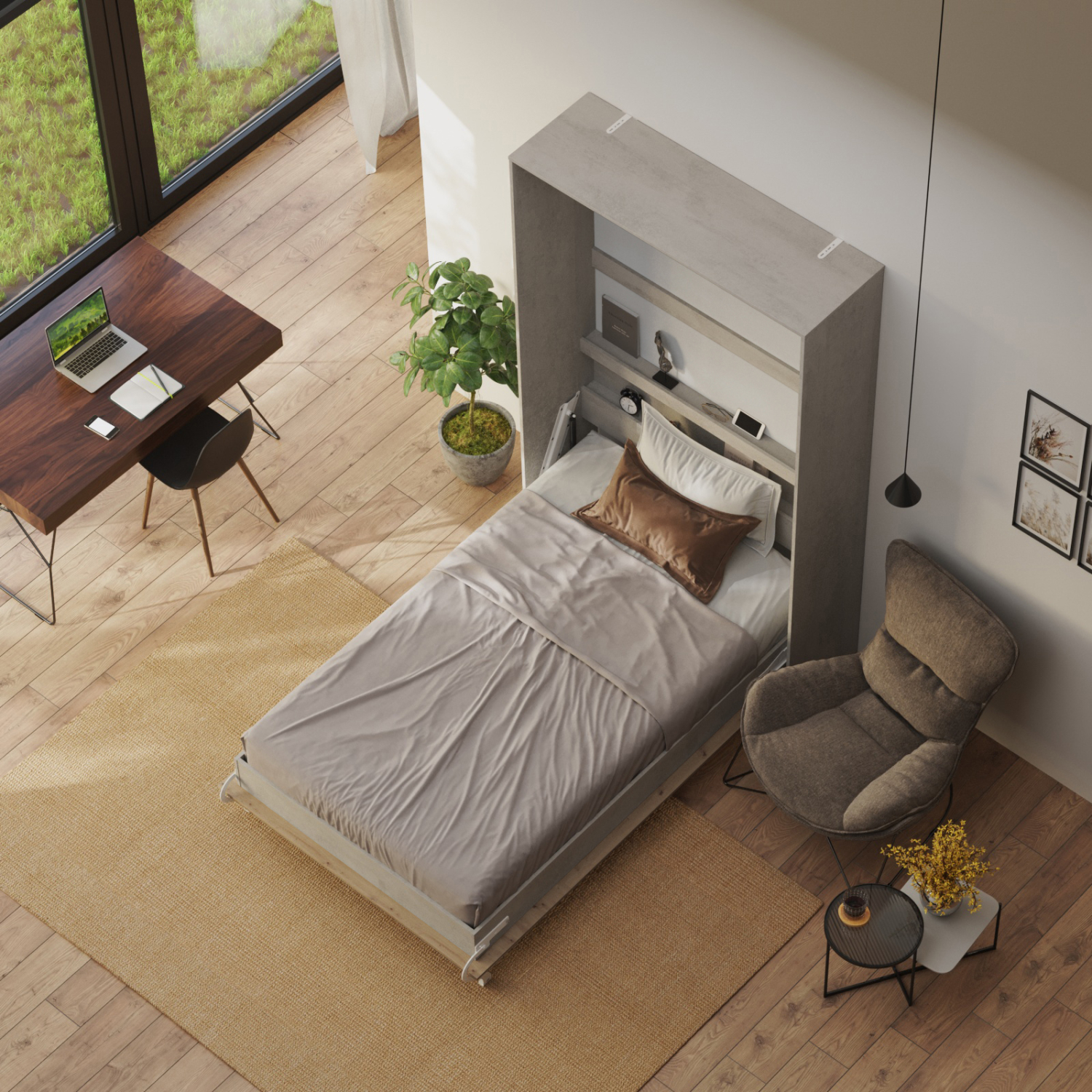 NORDIC skabsseng, høj model 120x200 cm - farve Skab: Beton, Front: Vild Eg