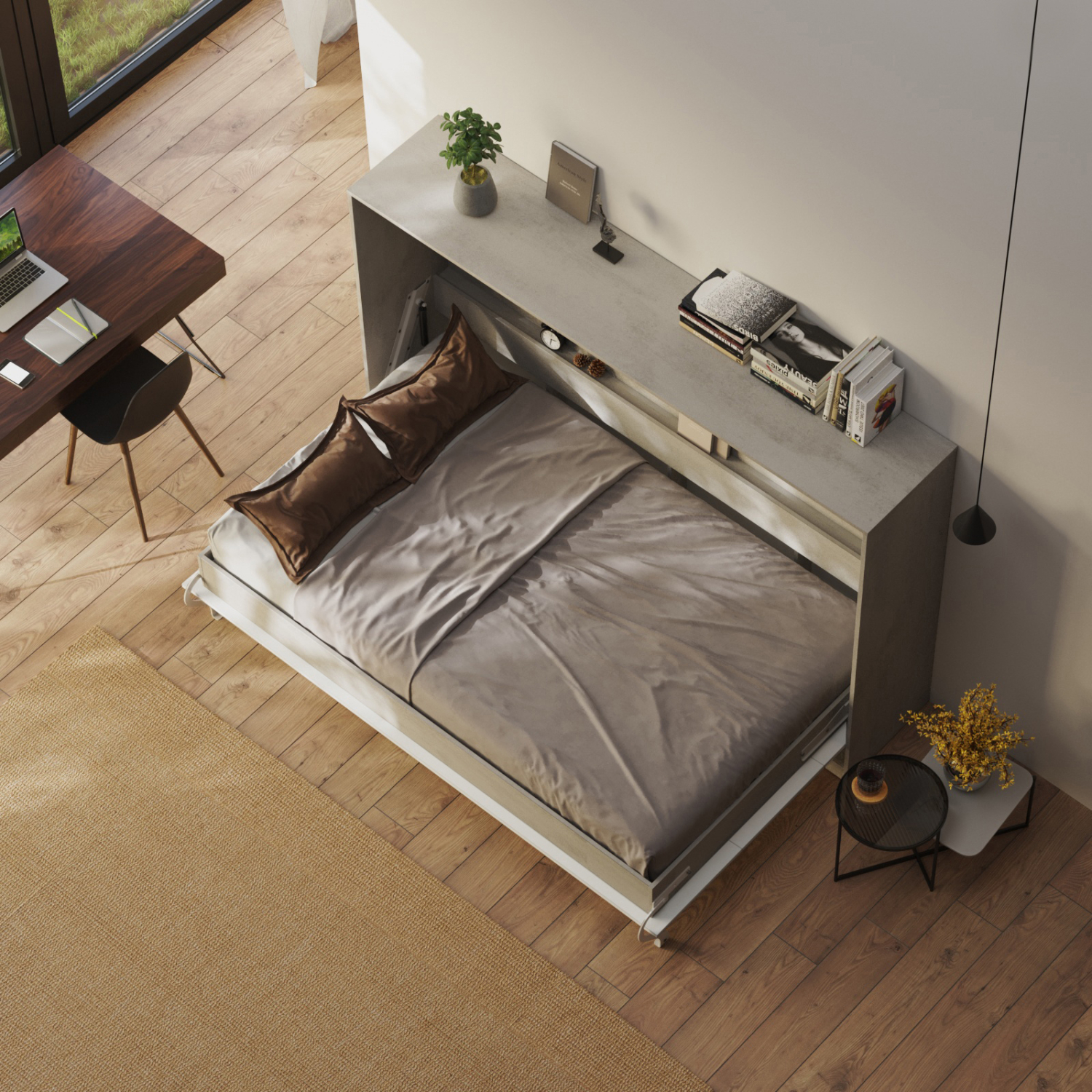 NORDIC skabsseng, lav model 120×200 cm – farve Skab: Beton, Front: Hvid højglans