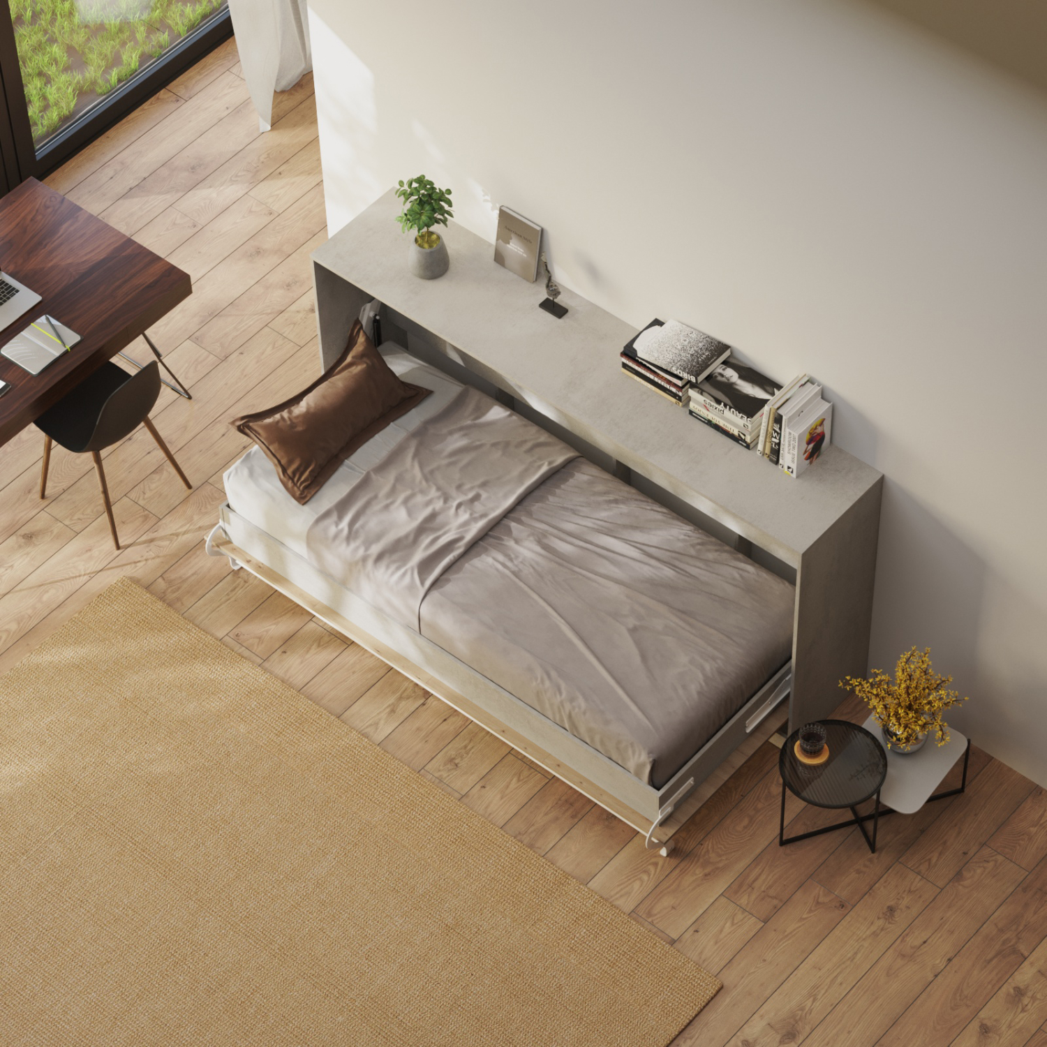 NORDIC skabsseng, lav model 90x200 cm - farve Skab: Beton, Front: Vild Eg