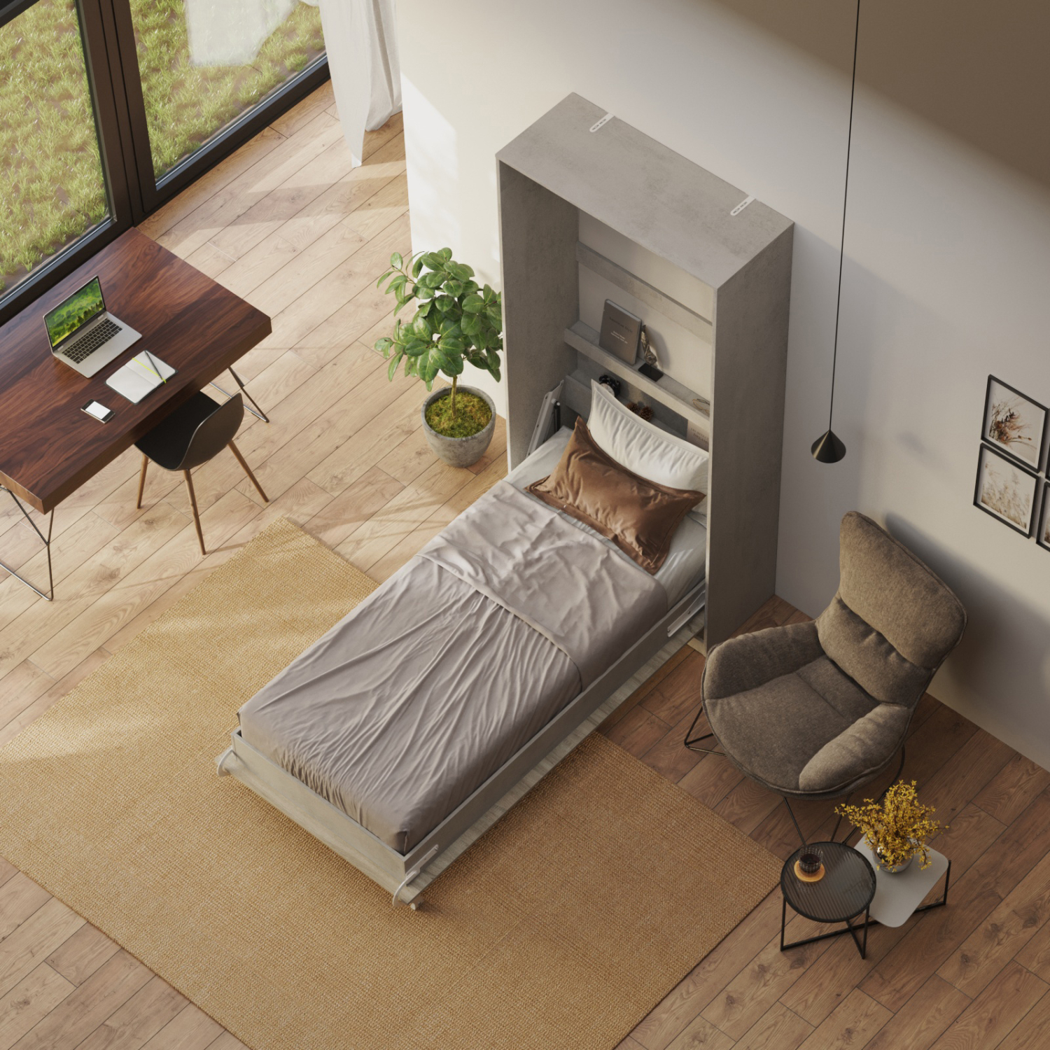 NORDIC skabsseng, høj model 90×200 cm – farve Skab: Beton, Front: Eg Sonoma