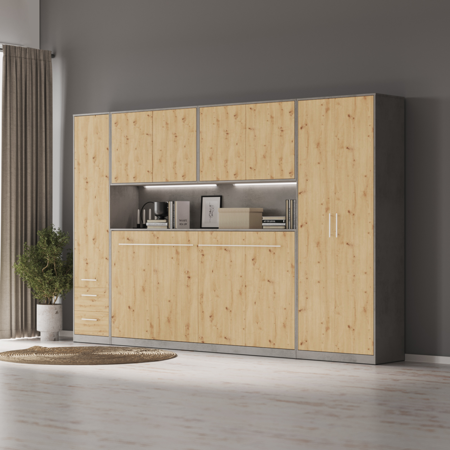 NORDIC overskab, høj model, 110cm – farve Skab: Beton, Front: Vild Eg
