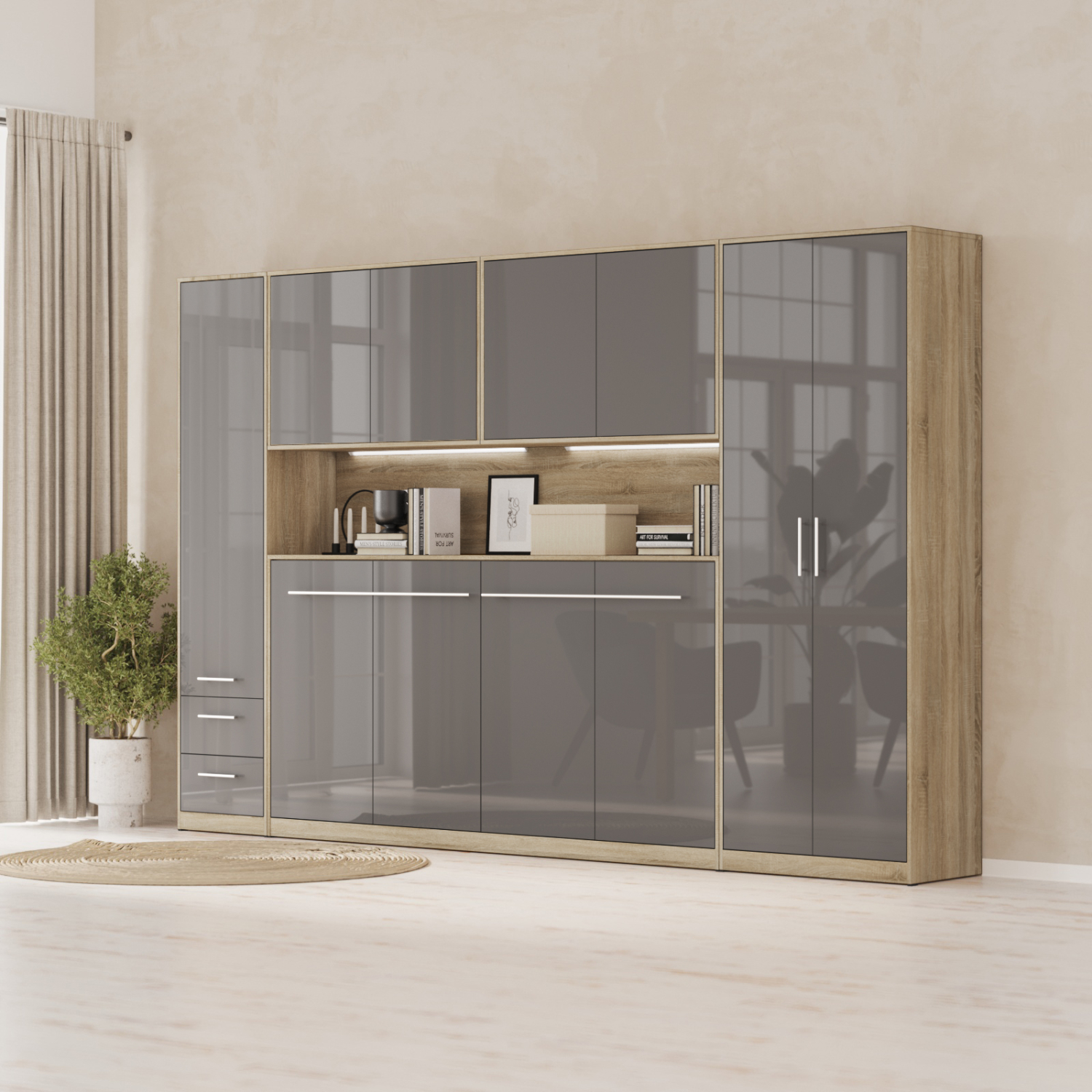 NORDIC overskab, høj model, 110cm – farve Skab: Eg Sonoma, Front: Antracit Højglans