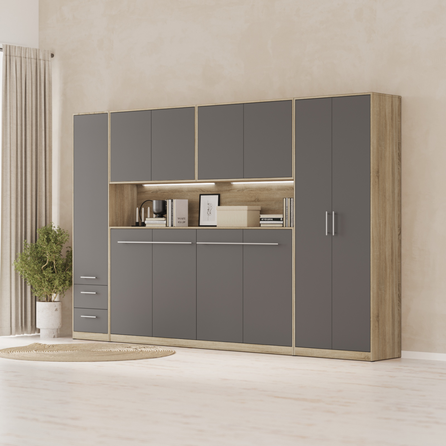 NORDIC overskab, høj model, 110cm – farve Skab: Eg Sonoma, Front: Antracit