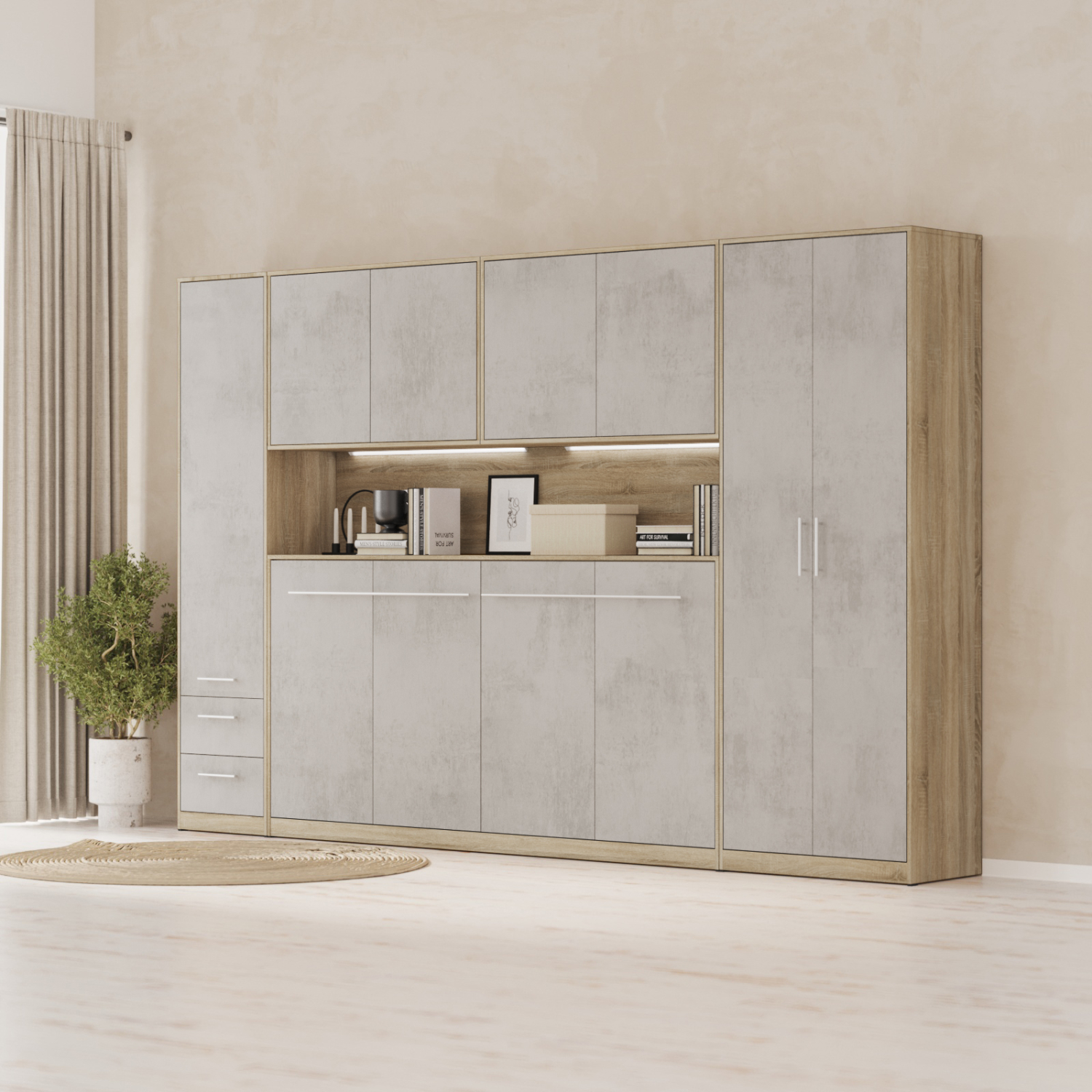 NORDIC overskab, høj model, 110cm – farve Skab: Eg Sonoma, Front: Beton
