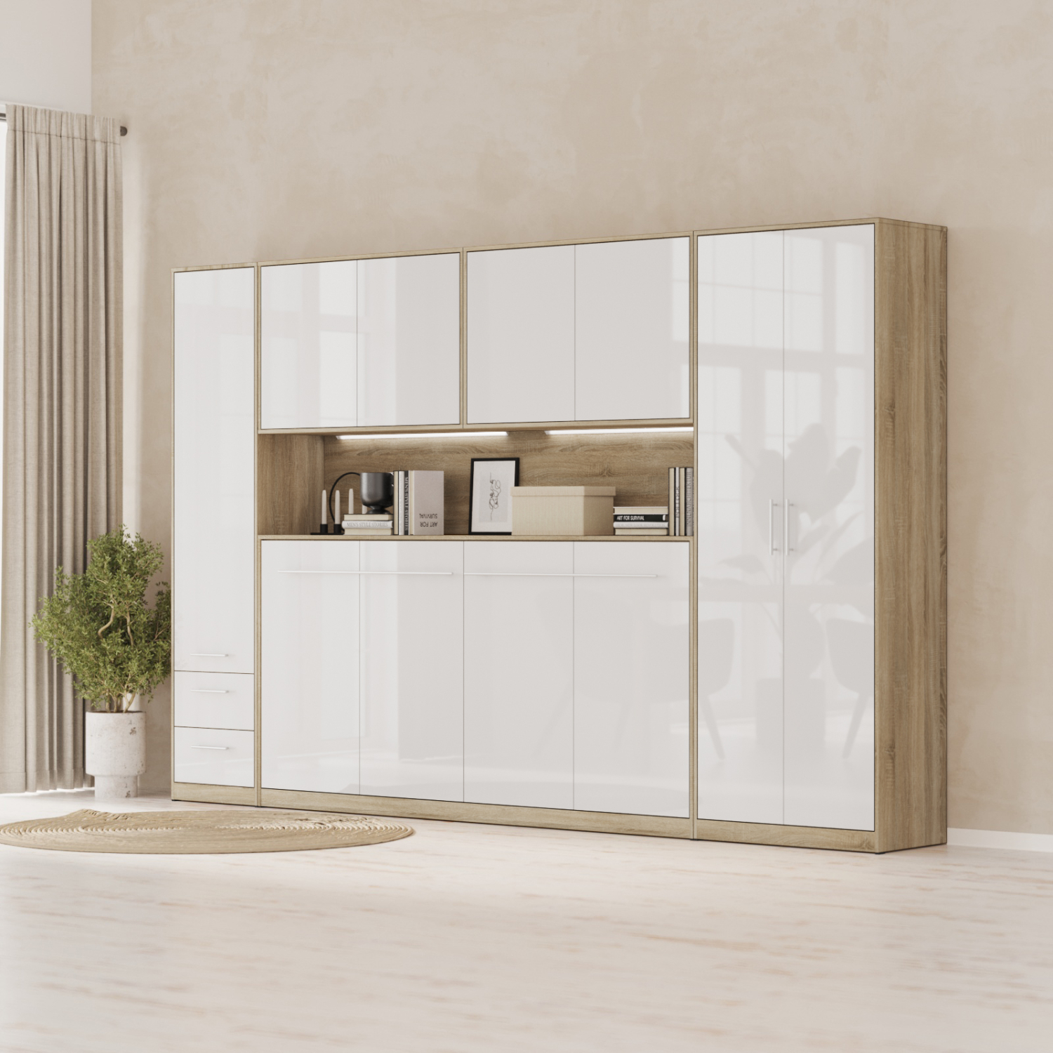 NORDIC overskab, høj model, 110cm – farve Skab: Eg Sonoma, Front: Hvid Højglans