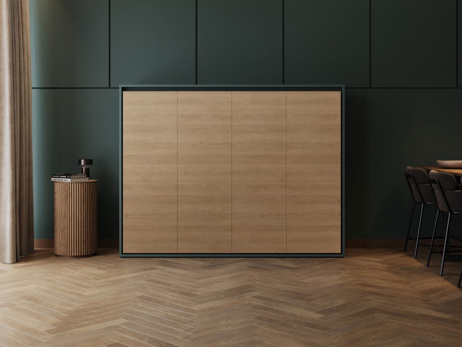 M2 skabsseng, lav model 160x200cm – farve Skab: Grøn, Front: Kejser eg