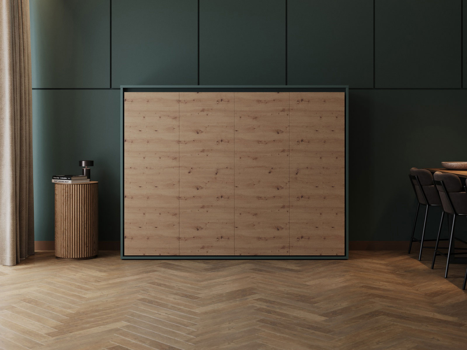 M2 skabsseng, lav model 160x200cm – farve Skab: Grøn, Front: Vild eg