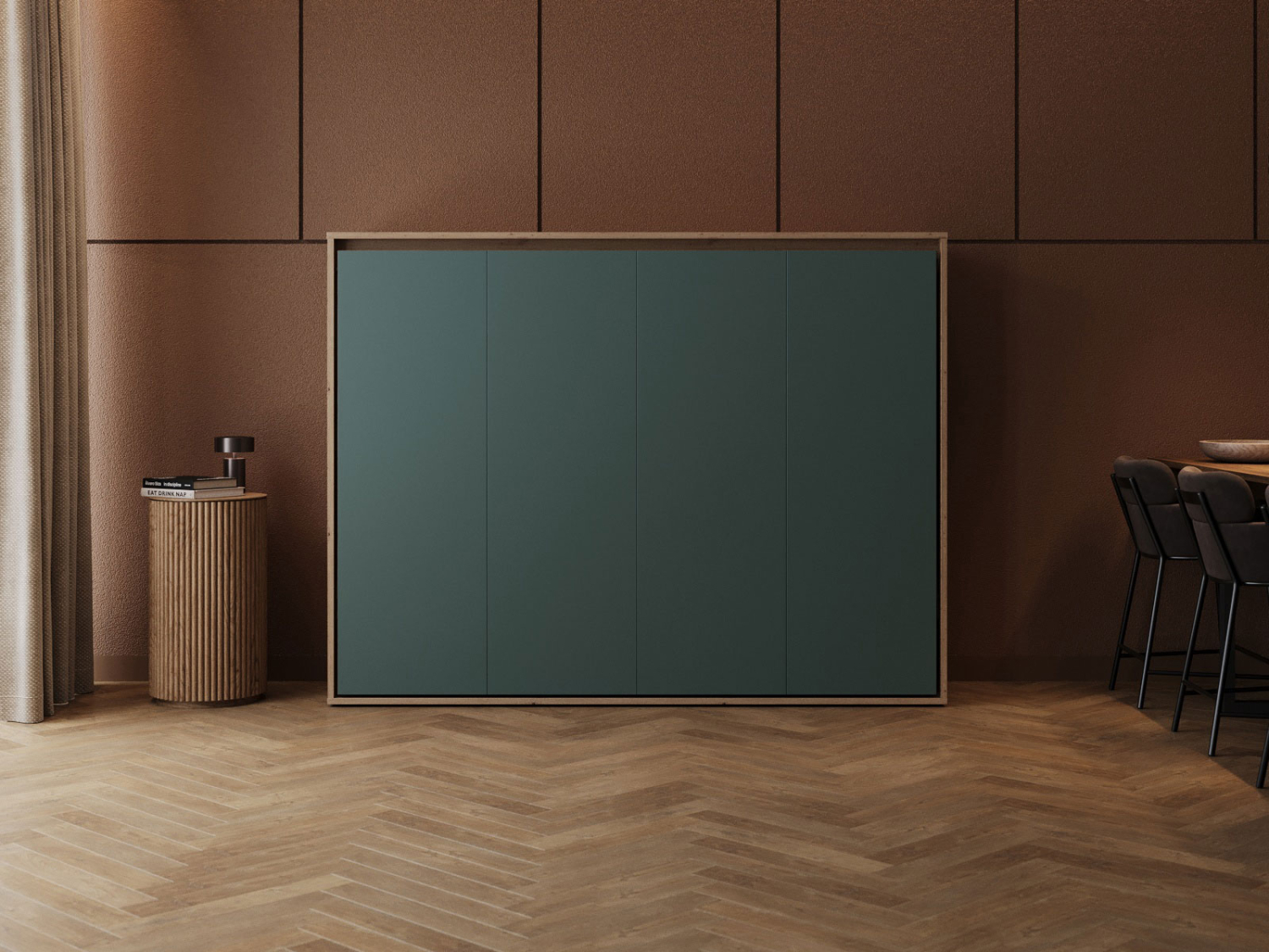 M2 skabsseng, lav model 160x200cm – farve Skab: Vild eg, Front: Grøn