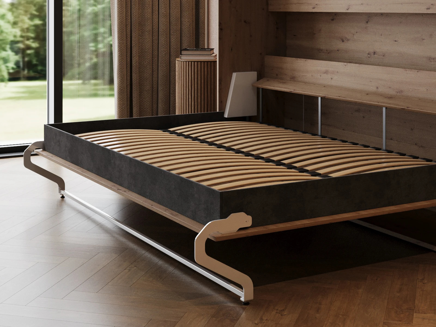 M2 skabsseng, lav model 100x200cm - farve Skab: Vild Eg, Front: Antracit